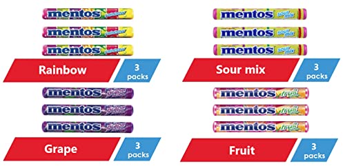 Chewy Mint Dragees Candy Roll - Party Pack 4 Types Colorful Flavor Fruity Total Of 12 Rolls Crunchy Non Melting Fruit Rainbow Sourmix And Grapes Mentos #TOP1