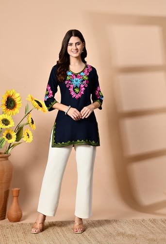Image of LIBOZA Embroidered Kashmiri Tunic Top, Short Kurti for Women on Jeans, V-Neck, 3 /4 Sleeve, Floral Design,