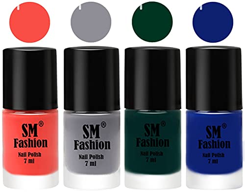 Image of Nail Polish Combo Set (Pack of 4) Quick Dry Gel Finish Nail Paint | Coral,Gray,Dark Green,Blue | 7 ml Each