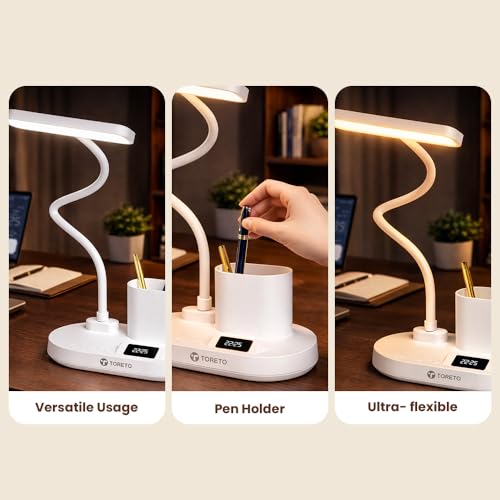 Image of Toreto London Smart LED Desk Lamp with Digital Clock, 45-Min Timer, 3 Light Modes, Detachable Pen Holder, Touch Control, Type-C Charging, ABS Body (White)
