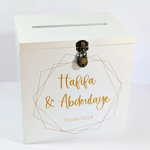 Grande urne Mariage personnalisée en Bois avec Cadenas | 25x25x20 CM | Urne Blanche & Or, Baby-Shower, baptême, Communion, Anniversaire, Retraite - Cagnotte...