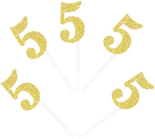 Newqueen Number 5 Cupcake Toppers Gold Glitter 5th Birthday Cupcake Topper Baby Shower Anniversary Party Decoration Supplies 24 PCS