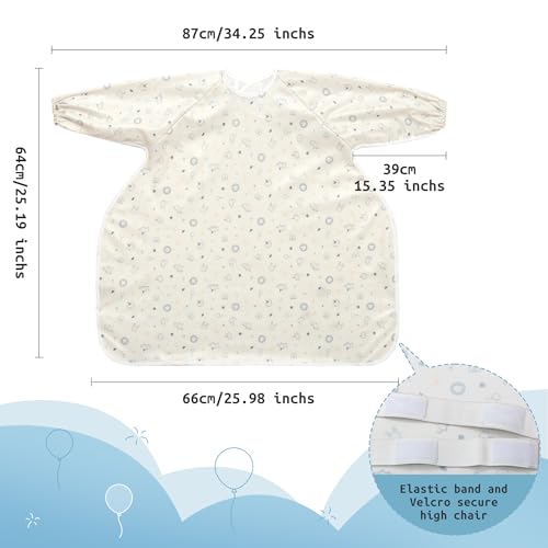 Little Dimsum Long Sleeve Weaning Baby Bib Mess-Proof Feeding Smock Bibs for Babies,Adjustable Waterproof Apron Full Cover Baby Eating Bib(White-animal)3