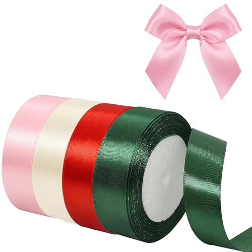 Christmas Ribbon for Gift Wrapping 4 Rolls Thin Polyester Xmas Fabric Ribbon 20mm x 22m Merry Christmas Ribbons Gift Ribbons Reusable for Making Bows Bouquet Gifts Wrapping Wedding