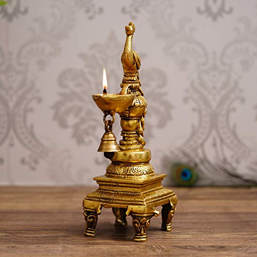Image of eCraftIndia Peacock Designer Rakhi for Brother With Gift | Decorative Brass Diya with Stand | Raksha Bandhan Rakhi Gift Hamper for Brother Bhaiya Boys Kids | Greeting Card | Roli Chawal Pack