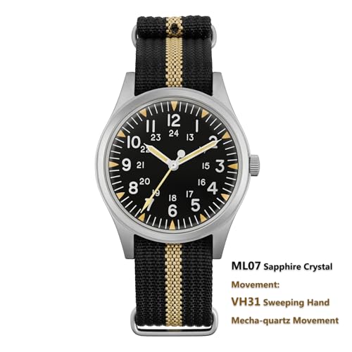 Image of Militado ML05 38mm VH31 Quartz Watch - Domed Sapphire Crystal Field Watch C3 Super Luminous Retro Sweep Wrist Watch for Men 100M Waterproof