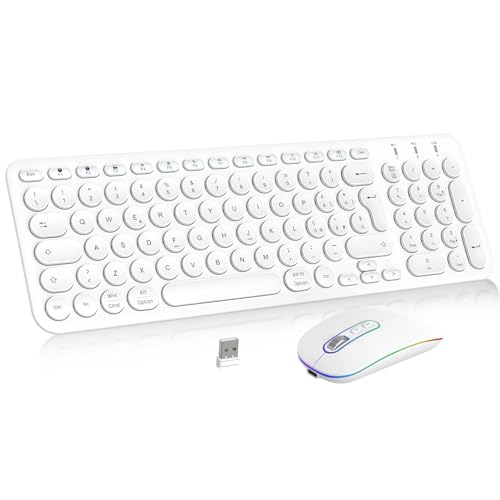 PINKCAT Tastiera e Mouse Wireless, Bluetooth e 2.4 G Tastiera e Mouse, Batteria Ricaricabile Design Ergonomico Set tastiera e mouse per PC/Tablet/Windows, iOS, Mac OS - Bianca