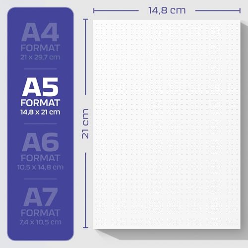 Fantastino® Notizblock A5 Punktiert - 5er Vorteils-Pack (250 Blatt) - 90 g/m² Premium-Papier weiß, tintenfest & durchdrucksicher, kleine Schreibblöcke abreißbar für Büro, Haushalt, Schule & Uni