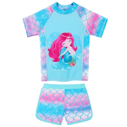 Image of BAOHULU Girls Rash Guard Swimsuit Two Piece Bathing Suit UPF 50+ Short Sleeve Summer Beach Swimwear Size 3-14 Years S516 BlueGirl 6A
