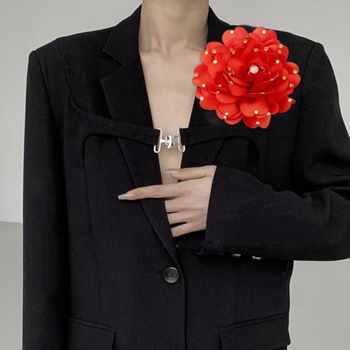 Image of Elegant Large Rose Flower Brooches Lapel Pins Handmade Dainty Satin Fabric Pearl Brooches Big Camellia Flower Brooch Pin for Women Wedding Part Dance Dress Suit Clothes Accessories Prom Jewelry