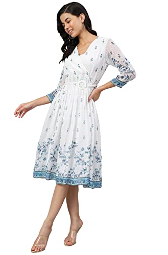 Image of Janasya Women's Dobby Georgette Floral Printed Fit & Flare Dress