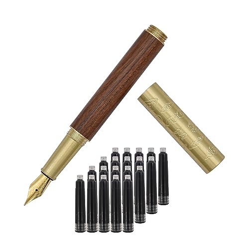 SIPLIV Handcrafted Auspicious Clouds Patterned Brass Wooden Fountain Pen Short Paragraph (101mm) Pocket Mini Travel Pen with 20 Pcs Black Ink Cartridges