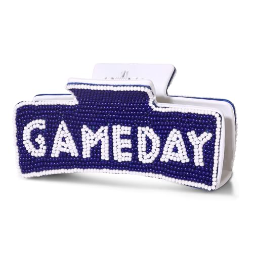 Beaded Game Day Hair Claw Clip for Women Large Football Hair Clips Sports Team Fan Football Mom Accessories Game Day Outfits (Blue White)