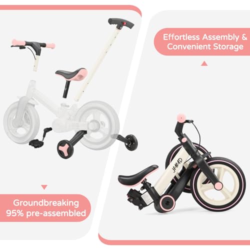 Image of JMMD 6 in 1 Toddler Bike with Push Handle for Kids 18-60 Months, 12 inch Foldable Balance Bike with Training Wheels, Pedals, Brakes, Kickstand, Push Tricycle Toddler Gift & Toys for Boy & Girl