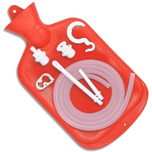 Enema Bag Kit with 5ft Hose Coffee Enemas at Home Water Shower Douche Colon Detox Cleanse Kit with Tubing Tips Clamp and Hook (RED 2 L)
