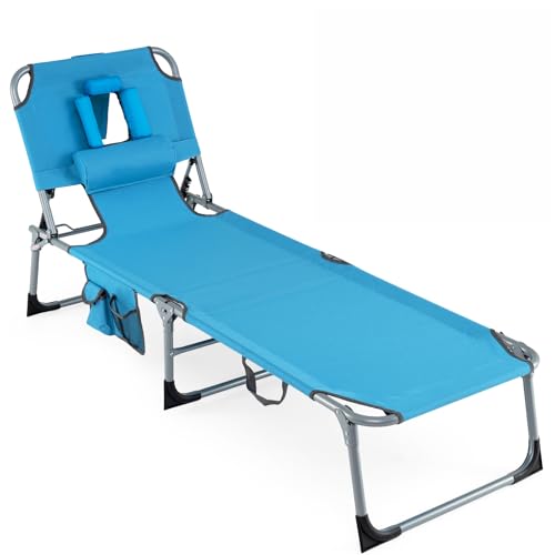 COSTWAY Tanning Chair with Face Hole Folding Beach Lounge Chair with 4-Position Adjustable Backrest Pillow & Side Pocket Foldable Chaise Lounge Chair Outdoor for Sunbathing Camping (1 Blue)