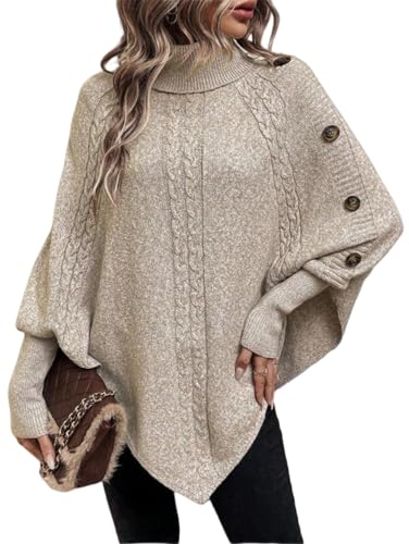 Poncho femme tricot contre le froid avec manches chauve-souris et col boutonné
