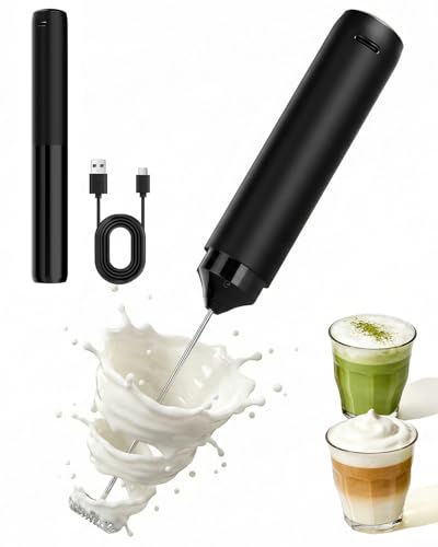 Rechargeable Milk Frother Handheld Electric Coffee Drink Mixer Wand with Stainless Steel Whisk and Portable Case for Cappuccino Latte Matcha Hot Chocolate Black
