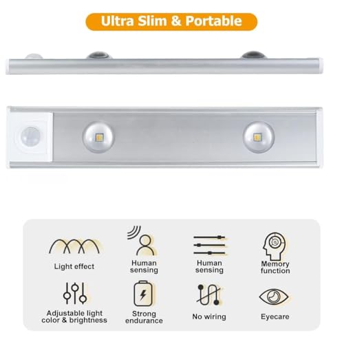 Image of FLYNGO Motion Sensor Under Cabinet LED Light, 3 Color Modes Closet Light with Stepless Dimming for Kitchen, Cabinet, Wardrobe, Bedroom, Cupboard (20CM - Pack of 1)
