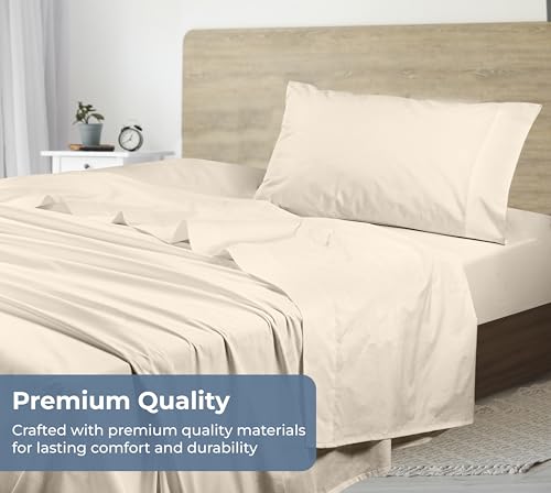 Image of ROYALE LINENS 100% Organic Cotton Twin XL Sheet Set - Percale Weave - 3 Pieces Set - 1 Flat, 1 Deep Pocket Fitted Sheet and 1 Pillowcases - Cream Bed Sheets - Sabanas Twin XL - Crisp Cool (Cream)