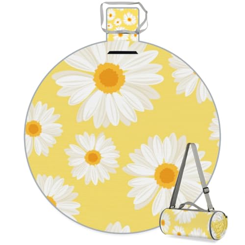 Shimoshe Yellow Background Daisies Picnic Outdoor Blanket Foldable Waterproof Sandproof Beach Blanket Portable Water-Resistant Round Picnic Mat for Travel Camping Park Lawn