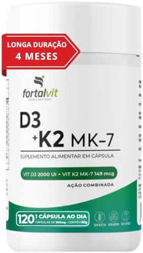 Vitamina D3 + K2 Longa Duração: 4 Meses Uso, 2000UI D3, 149mcg Vi...