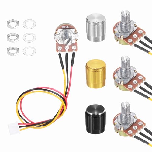 sourcing map 3Pcs WH-148 Potentiometer 3Pins B10K Ohm Linear Taper Rotary Potentiometer XH2.54 Variable Resistor Potentiometers with 3 Aluminum Knobs for Audio Equipment, DIY Electronics