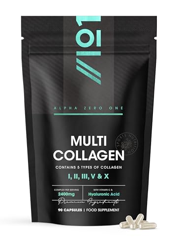 Multi Collagen 2400mg – Typen I, II, III, V & X – 90 Kapseln – Wild gefangener Meeresfisch, Weide-Rind, Eierschalen- & Freiland-Huhn-Kollagen mit Hyaluronsäure & Vitamin C – von Alpha01