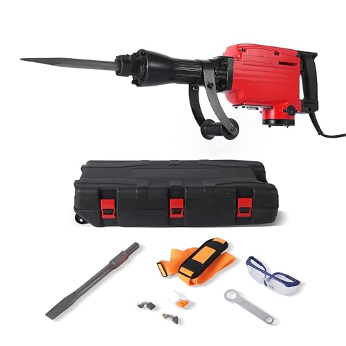 3600W Electric Demolition Hammer Concrete Breaker 1900 BPM Heavy Duty Drill with 2 Bits 360 Degree Swiveling Handle Gloves Carrying Case for Trenching and Breaking Holes