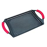 MasterPan Non-Stick Cast Aluminum Burner Grill Pan with Silicone Grips, 17', Black, Nonstick...