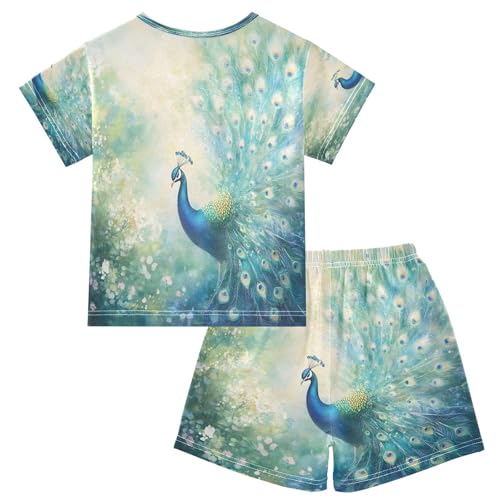 ALAZA Peacock Green Bird Pajamas Set Short Sleeve Cotton Sleepwear Summer Pjs 2 Piece 5-14Y2