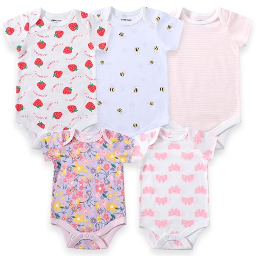 Image of DEMAVIE Baby Girl Summer Floral Print Bodysuits, 5-pack Short Sleeve One-pieces Romper, 100% Organic CottonBodys (strawberry/flower/bees/bowknot, 3-6 Months)