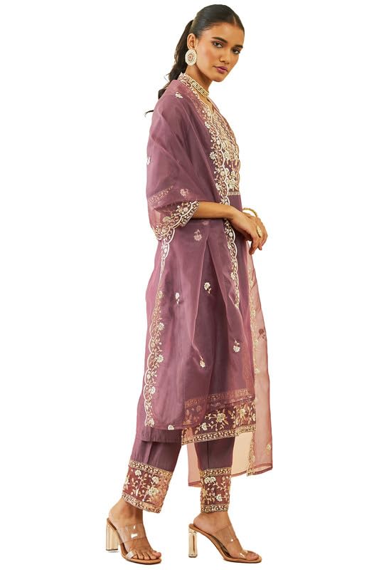 Image of Soch Womens Onion Pink Chanderi Floral Embroidered Straight Suit Set with Sheer Panels