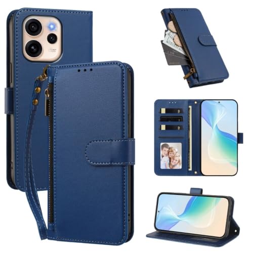 Étui compatible avec TCL 60R protection portefeuille cuir bleu foncé avec fermeture éclair