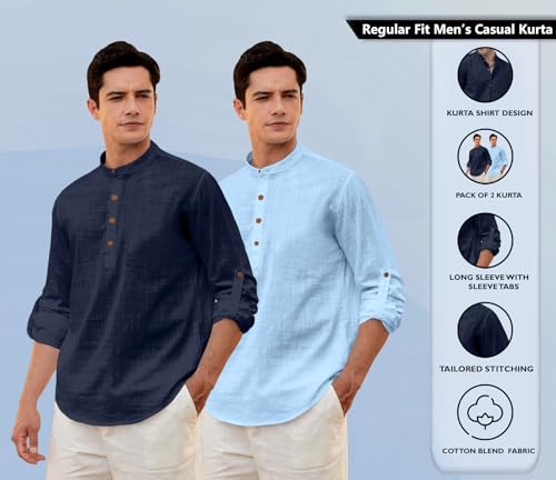 Image of Zombom Men's Combo Cotton Polyester Blend Solid Full Sleeve Straight Regular Fit Mandarin /Chinese Collor Kurta (Pack of 2)