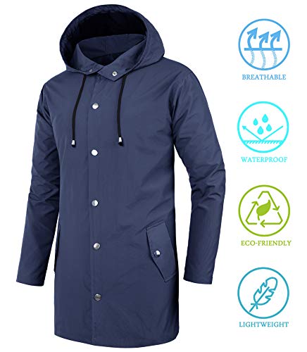 Doswode Men Waterproof Raincoat Hooded Windbreaker Lightweight Long Rain Jacket Active Outdoor Trench Navy Blue_M #TOP2