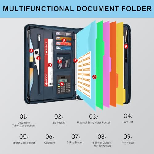 Image of Eshow Portfolio Organizer - 3 Ring Binder with Zipper, Vegan Leather Business Padfolio Folder with Notepad Includes 5 Color Sheet Protectors for Documents Files for Men Women