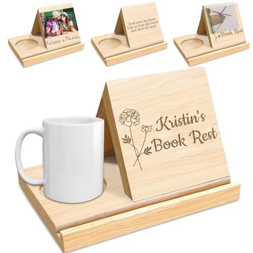 Personalized Solid Oak Wooden Triangle Bookshelf Book Stand Holder Engraved Text Custom Book Holder with Mug Coffee Christmas Birthday Gift