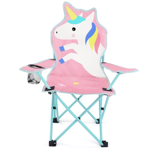 Meng Jiaran Silla de camping para niños, silla plegable de unicornio rosa con portavasos y bolsa de transporte, silla de camping ligera y duradera para niños, silla plegable para campamento y playa al