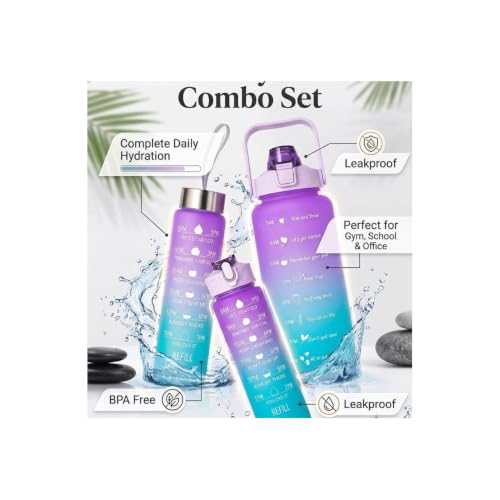Image of Motivational Water Bottle Combo Set (2 lr, 900ml, 300ml) | Leakproof Water Bottles with Time Marker | Straw and Sipper | Reusable Sports, Gym, School, Office(Multicolor-3 combo) pack of 1.