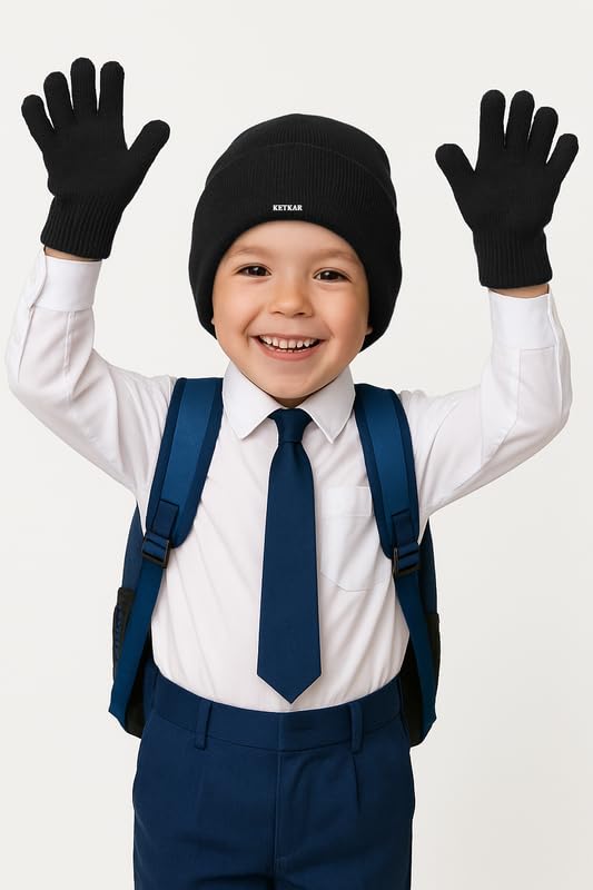 KETKAR Kids Winter Beanie & Gloves Set – Soft Knit Warm Cap with Matching Gloves for Boys & Girls | Cozy Winter Wear for Kids (Black, Age 2-5 Years) – Pack of 1 1