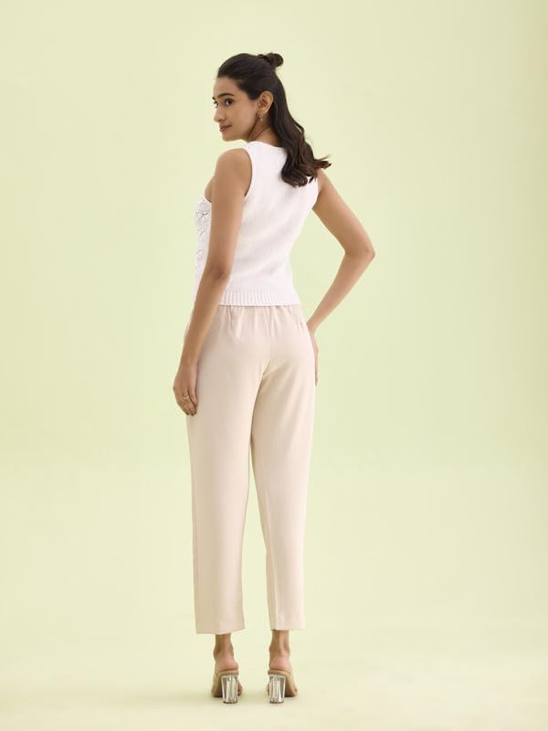 Image of GO COLORS Solid Formal Crepe Pants for Women | Mid Rise, Side Pocket