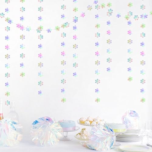 Image of Snowflake-Snow Iridescent-Holographic Christmas Party-Decoration Garland - 52ft Winter Wonderland Frozen Ornaments Hanging Paper Streamers,New Years Birthday Baby Shower Dance Ceiling Decor Hugfond