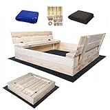 Magus Sandkasten 100x100 cm Unbehandelt Premium Sandbox mit Abdeckung Sitzbänken Deckel Plane Sandkiste Holz Kiefer Sandkastenvlies (100x100 cm Natur-Unbehandelt)
