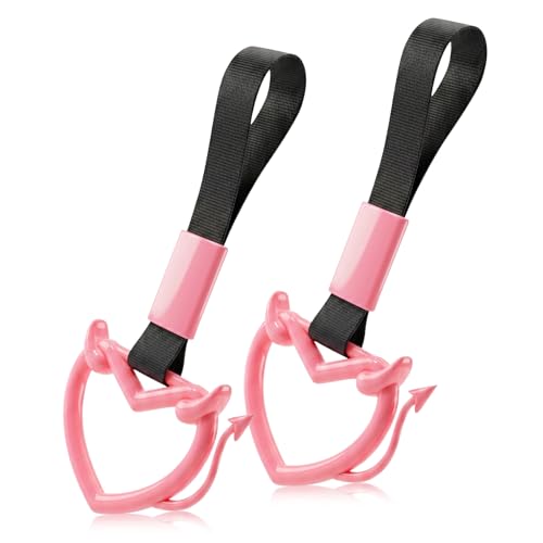 Image of 2 Pcs Devil Heart Shaped Car Handle Strap - JD M Drift Charm Rear Bumper Warning Ring Decor for Car Interior Exterior, Subway Bus Handle Accessory, Cute Heart Car Decor Gift (Pink-Tail)