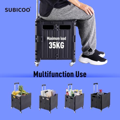 Portable Folding Utility Cart with Lid and Wheels - Ideal for Grocery, Shopping, Office, and Camping (Black)