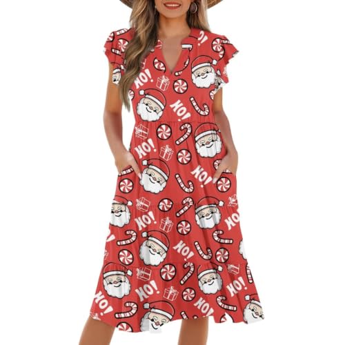 Image of Women's Casual Ruffle Sleeve Dress V Neck Pullover Dress Flowy A-Line Pleated Lightweight Dress with Pockets