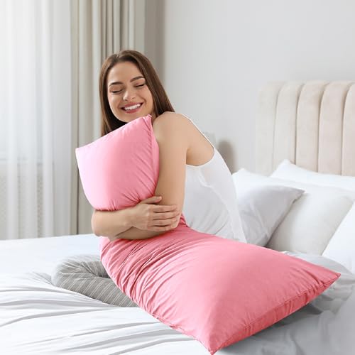 WhatsBedding Memory Foam Body Pillow with Breathable Zippered Cotton Cover, Full Body Pillow for Adults, Long Pillow for Sleeping, Firm Pillow Breathable Fluffy Supportive - Foggy Pink