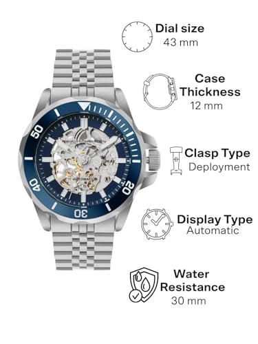 Image of French Connection See Through Dark Blue Round Dial with Stainless Steel Strap Automatic Watch for Mens - FCA22USM