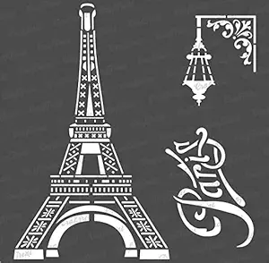 Paris Stencil for Painting on Canvas, Fabric, Clothes, Wood, Paper, Wall and Tile - Paris Eiffel Tower Stencil - Size:12X12 Inches - Eifel Tower Stencil for Craft and Art